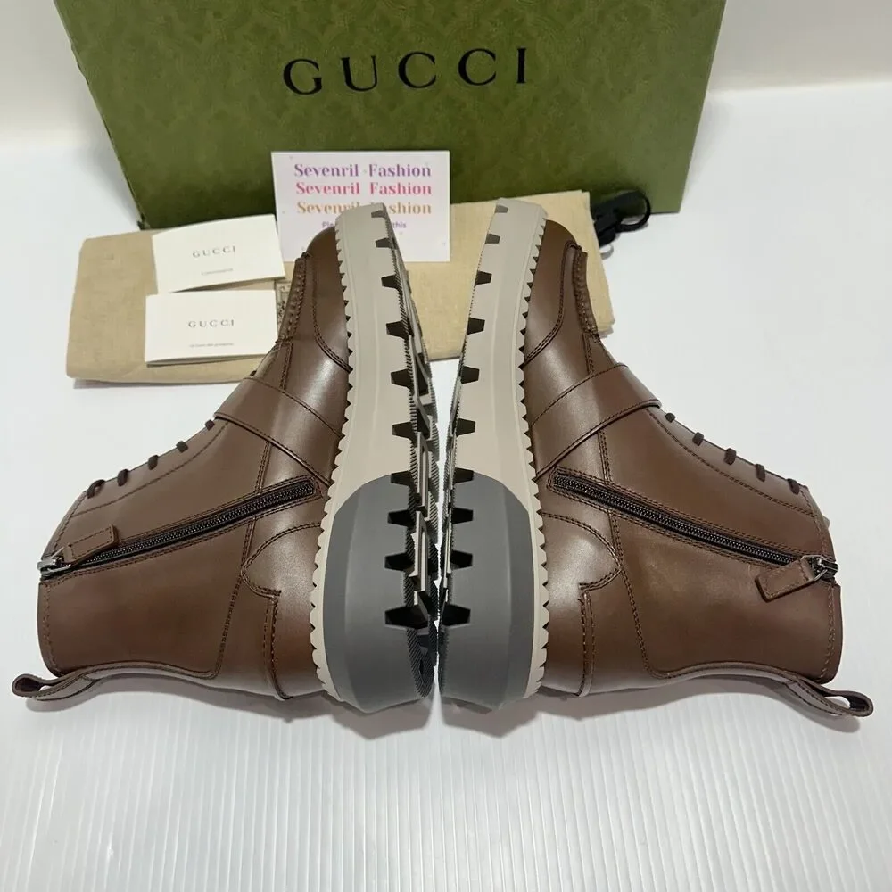 NIB Gucci GG Lace-Up Boots 9 US 9.5 Brown Leather Yellow Insert Side Zip $1600 - Picture 10 of 16